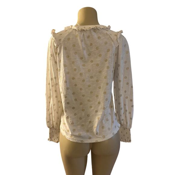 Women 8 Boden T1034 Notch Neck Smocked Frill Top Cream Gold Print Blouse Shirt - Picture 4 of 6